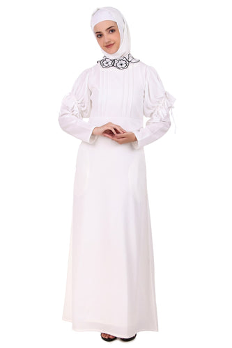 Embroidered Floral Neck White Abaya