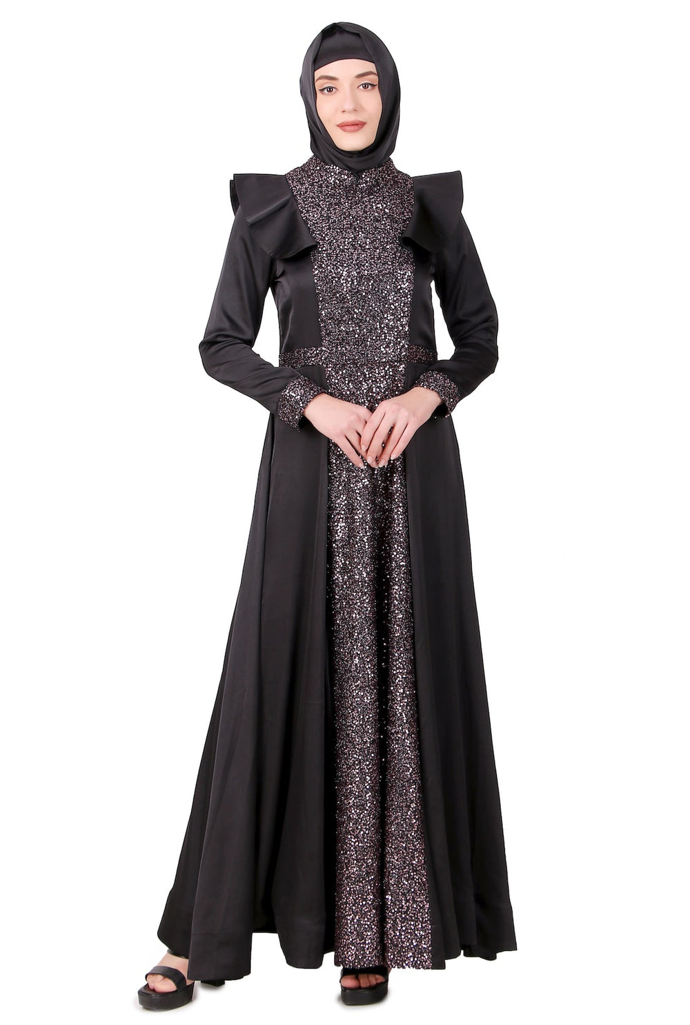 Sequence Embellished Black Satin Abaya