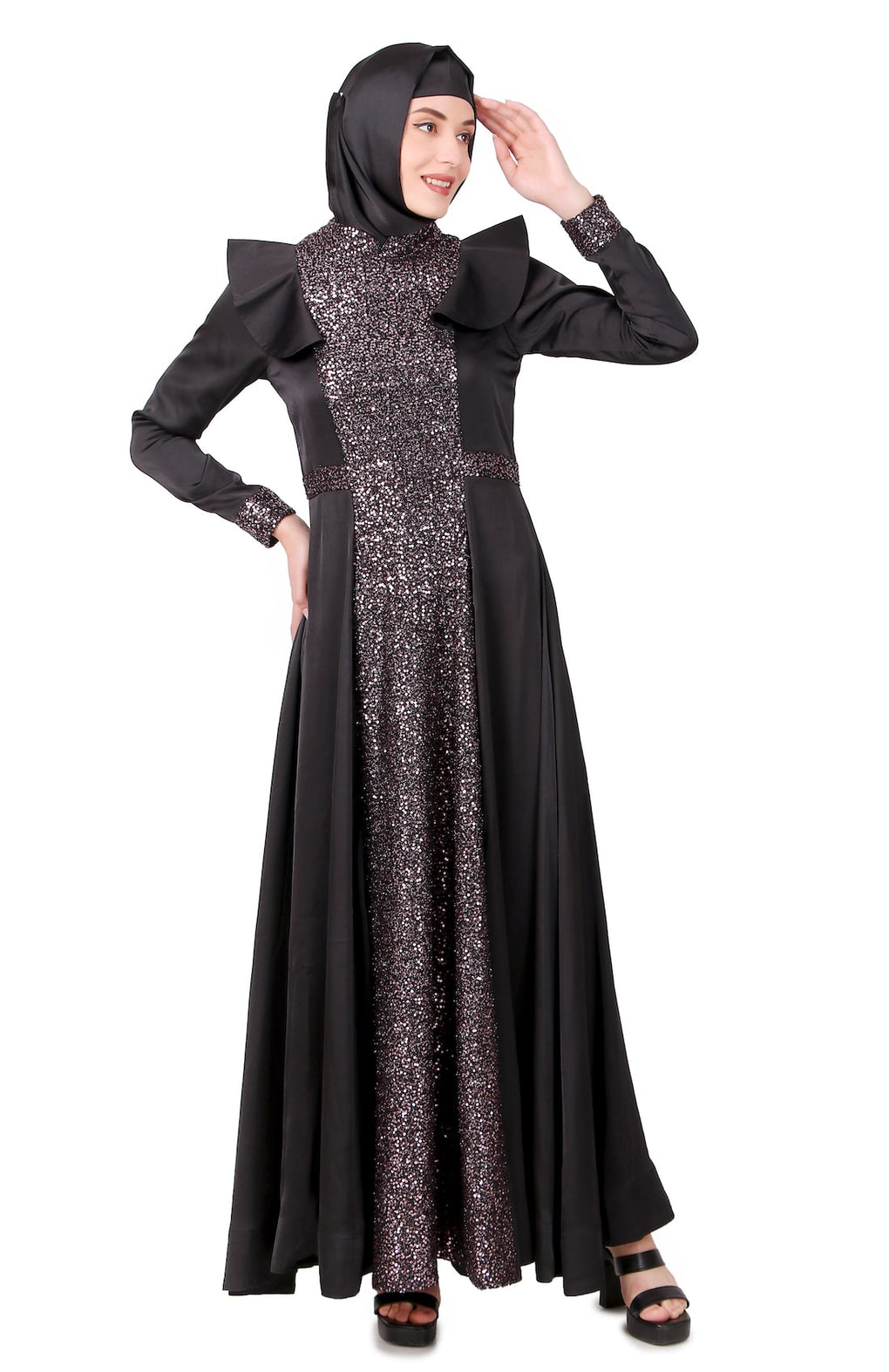 Sequence Embellished Black Satin Abaya