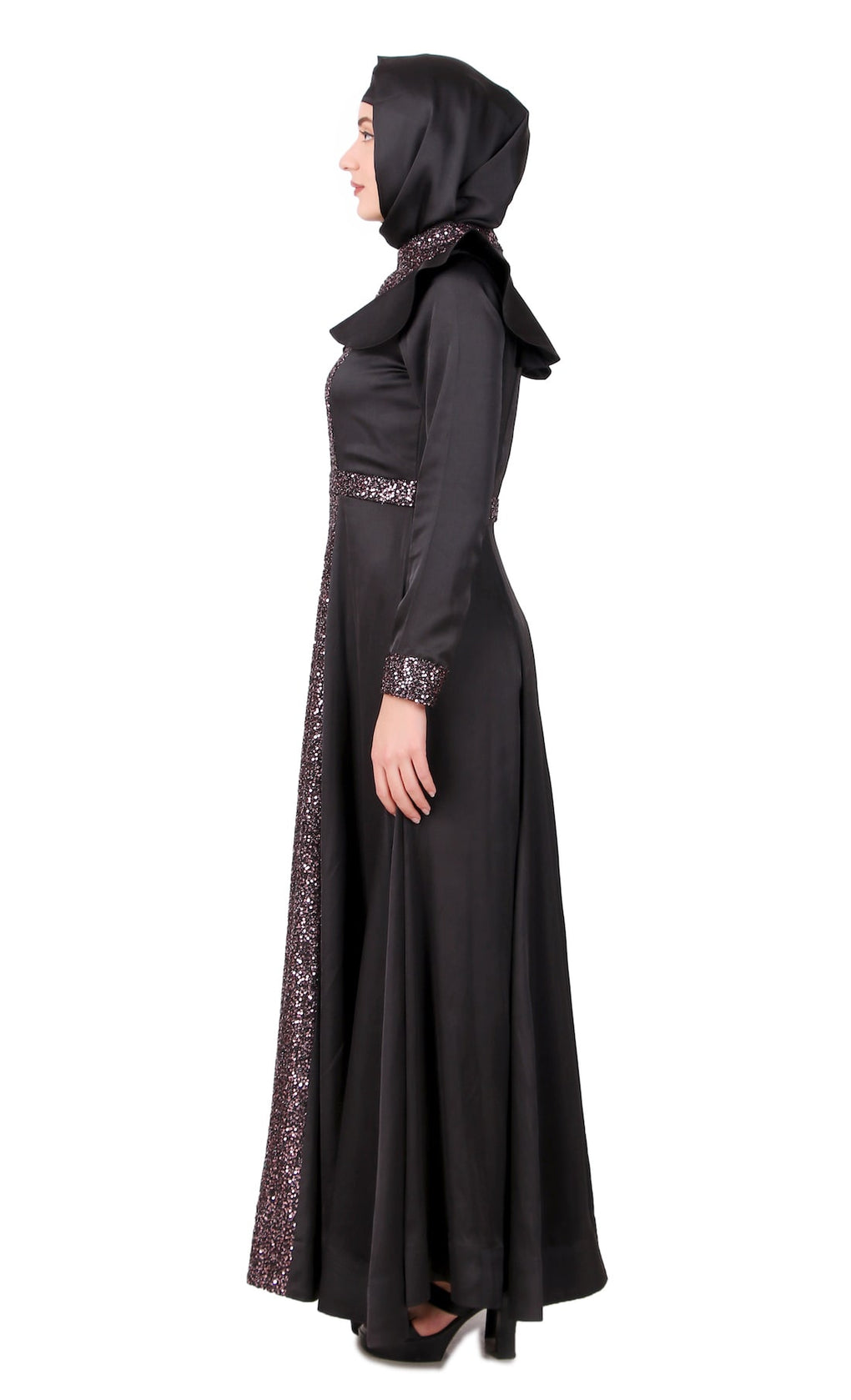 Sequence Embellished Black Satin Abaya