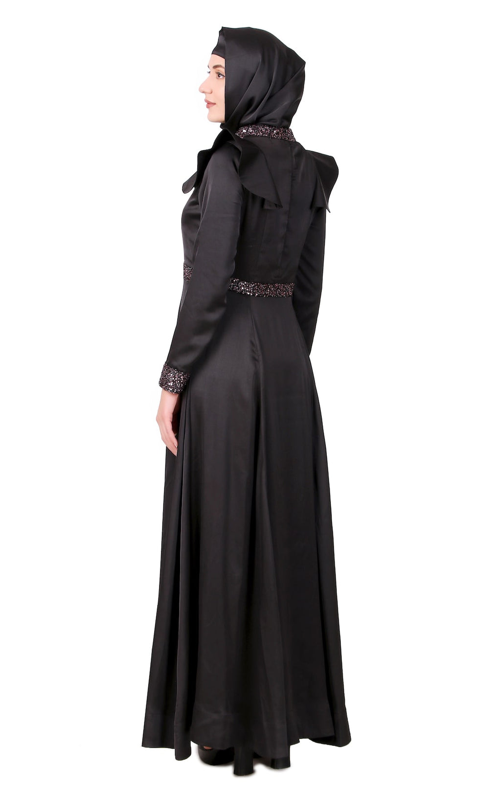 Sequence Embellished Black Satin Abaya