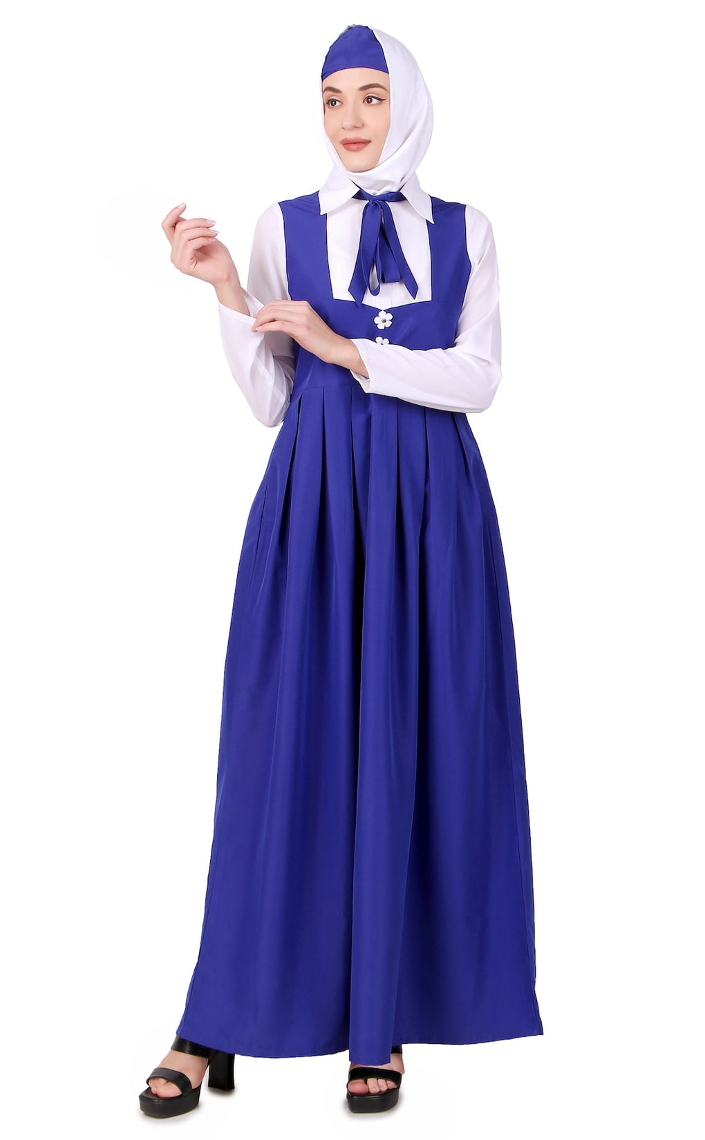 Collared White and Royal Blue Flared Abaya