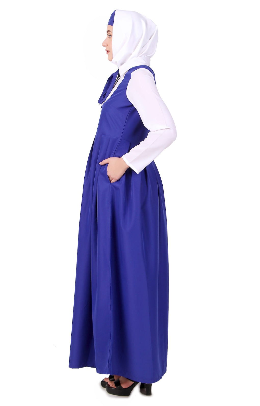 Collared White and Royal Blue Flared Abaya