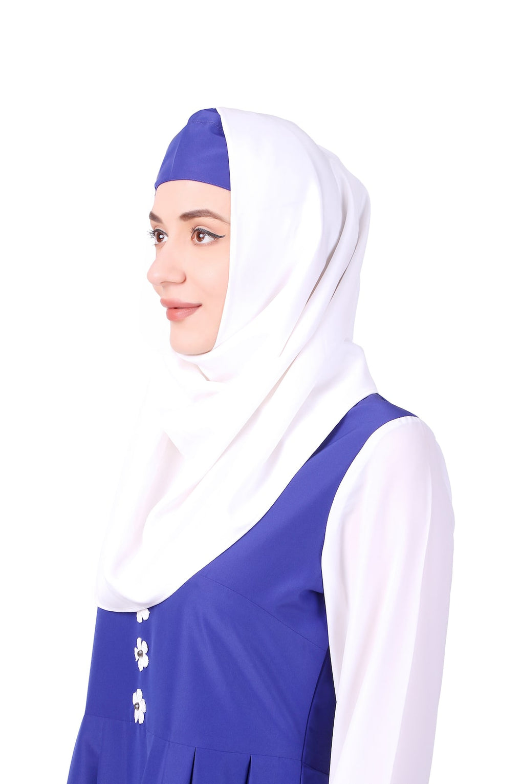 Collared White and Royal Blue Flared Abaya