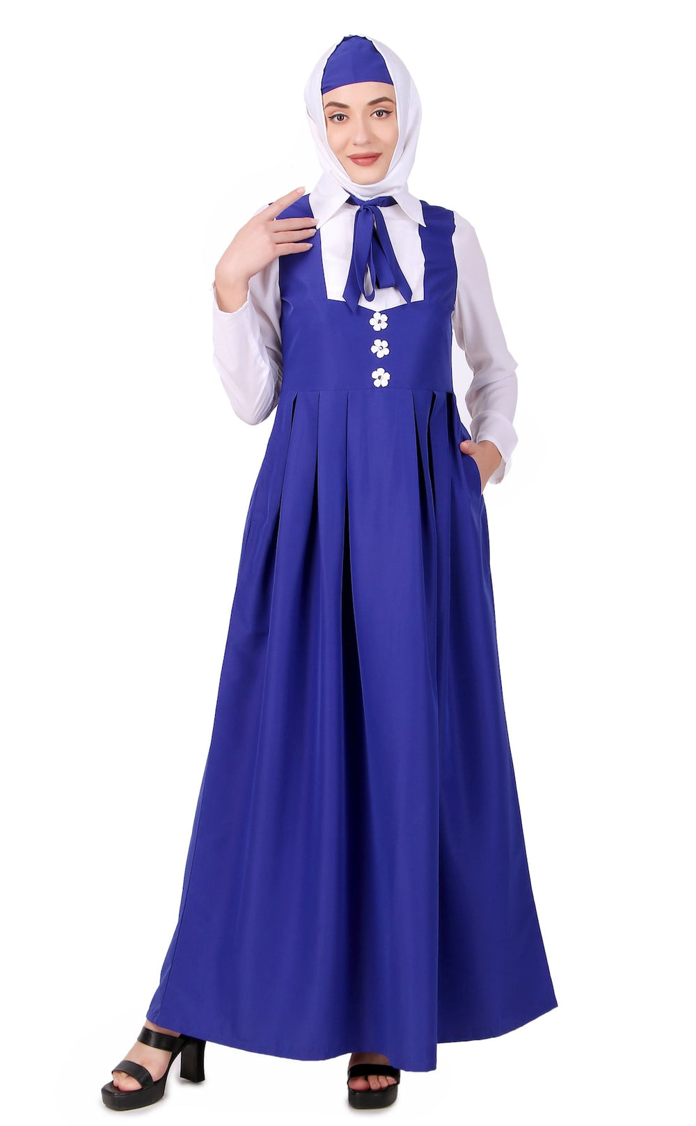 Collared White and Royal Blue Flared Abaya