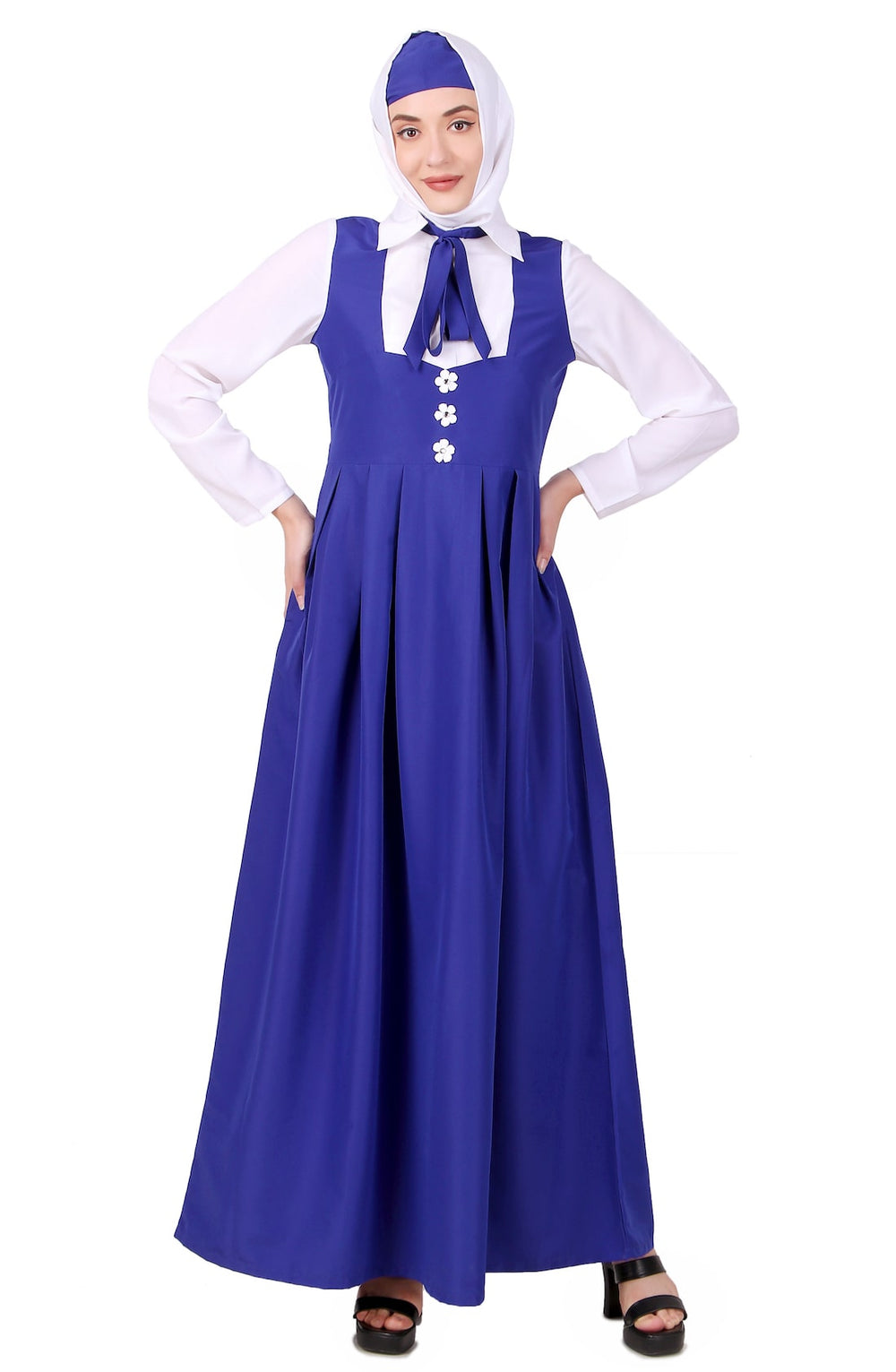 Collared White and Royal Blue Flared Abaya