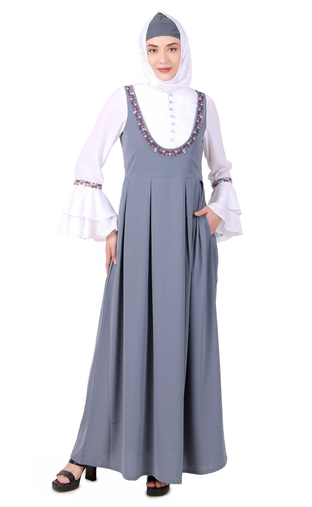 Dual Color Dungaree Look Embroidered Abaya