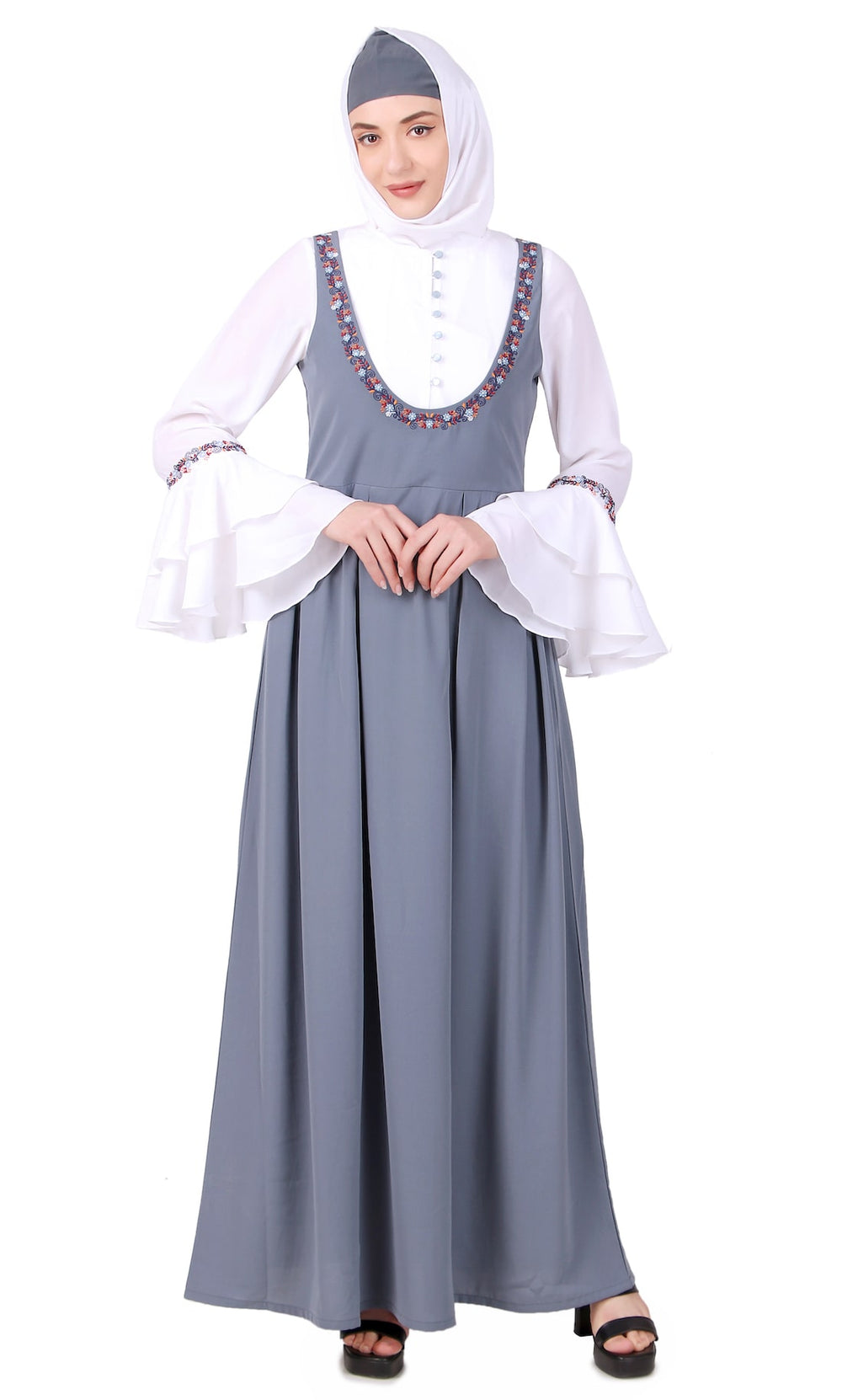 Dual Color Dungaree Look Embroidered Abaya