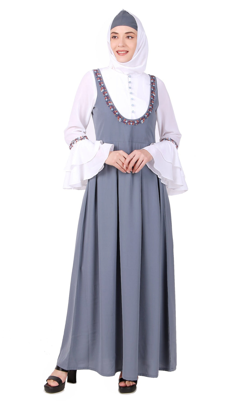 Dual Color Dungaree Look Embroidered Abaya