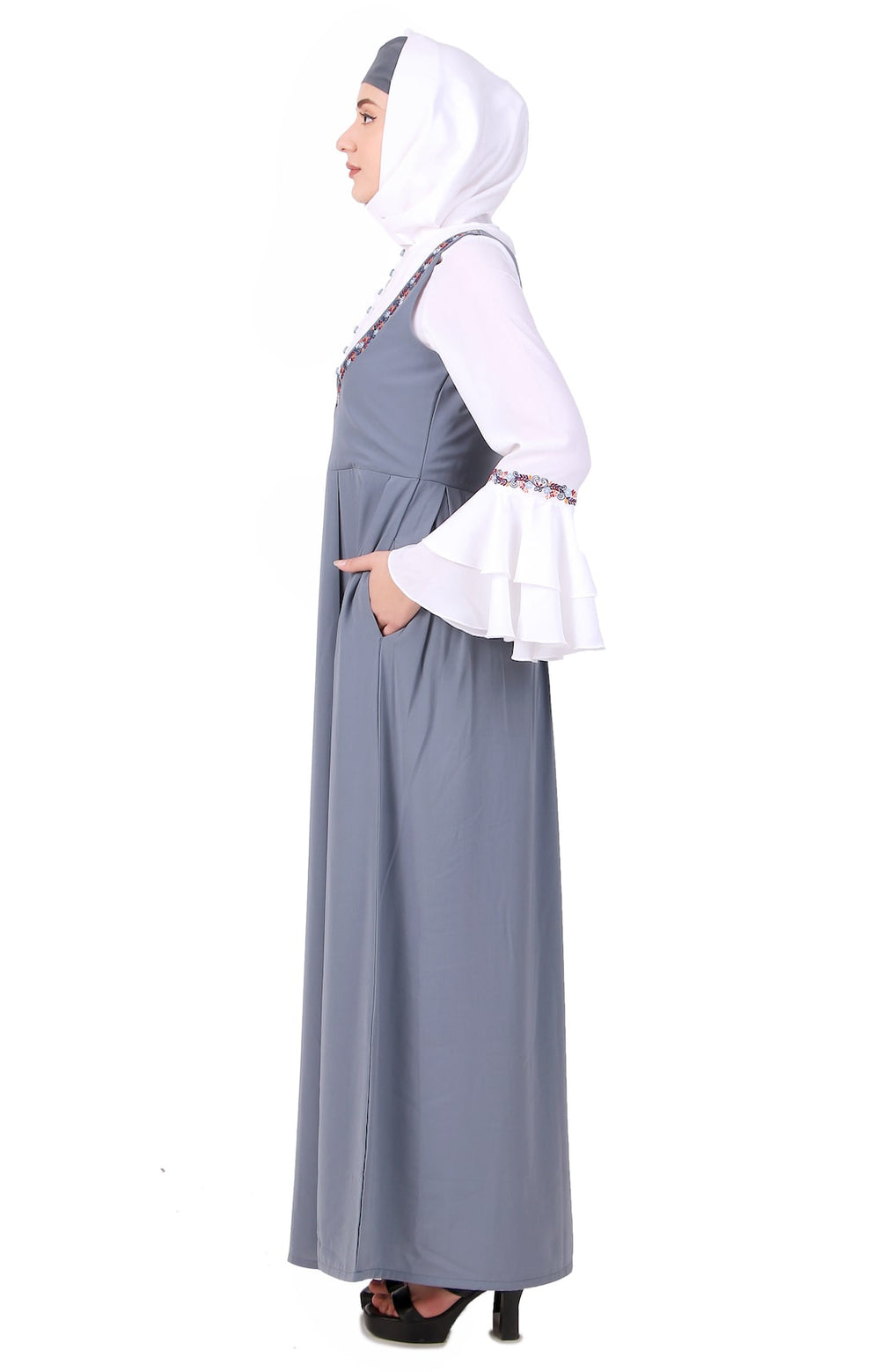 Dual Color Dungaree Look Embroidered Abaya