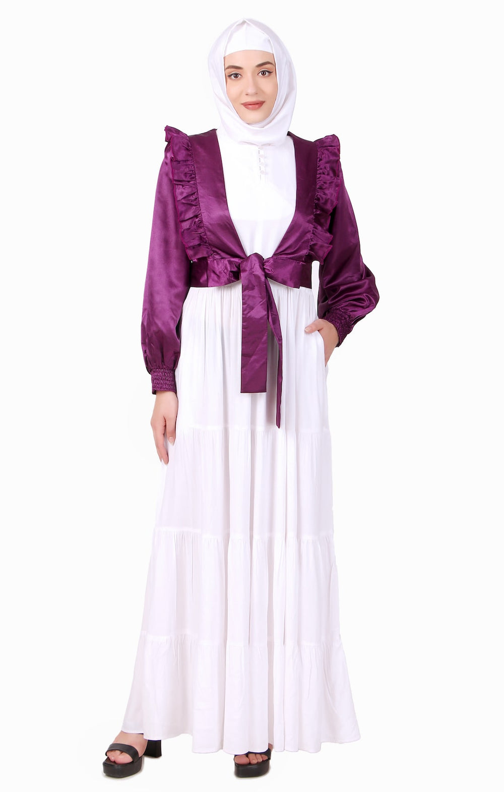 Multi Vertical Layer Abaya With Purple Satin Jacket