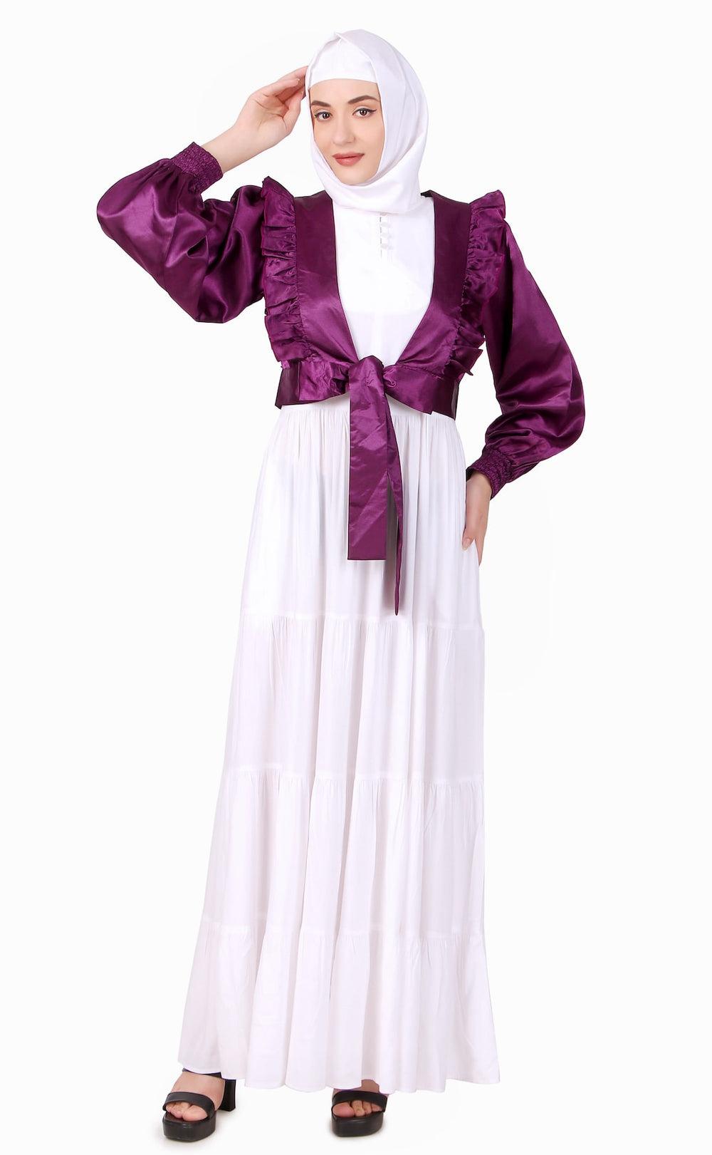 Multi Vertical Layer Abaya With Purple Satin Jacket