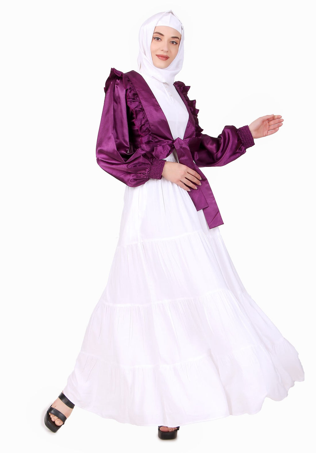 Multi Vertical Layer Abaya With Purple Satin Jacket