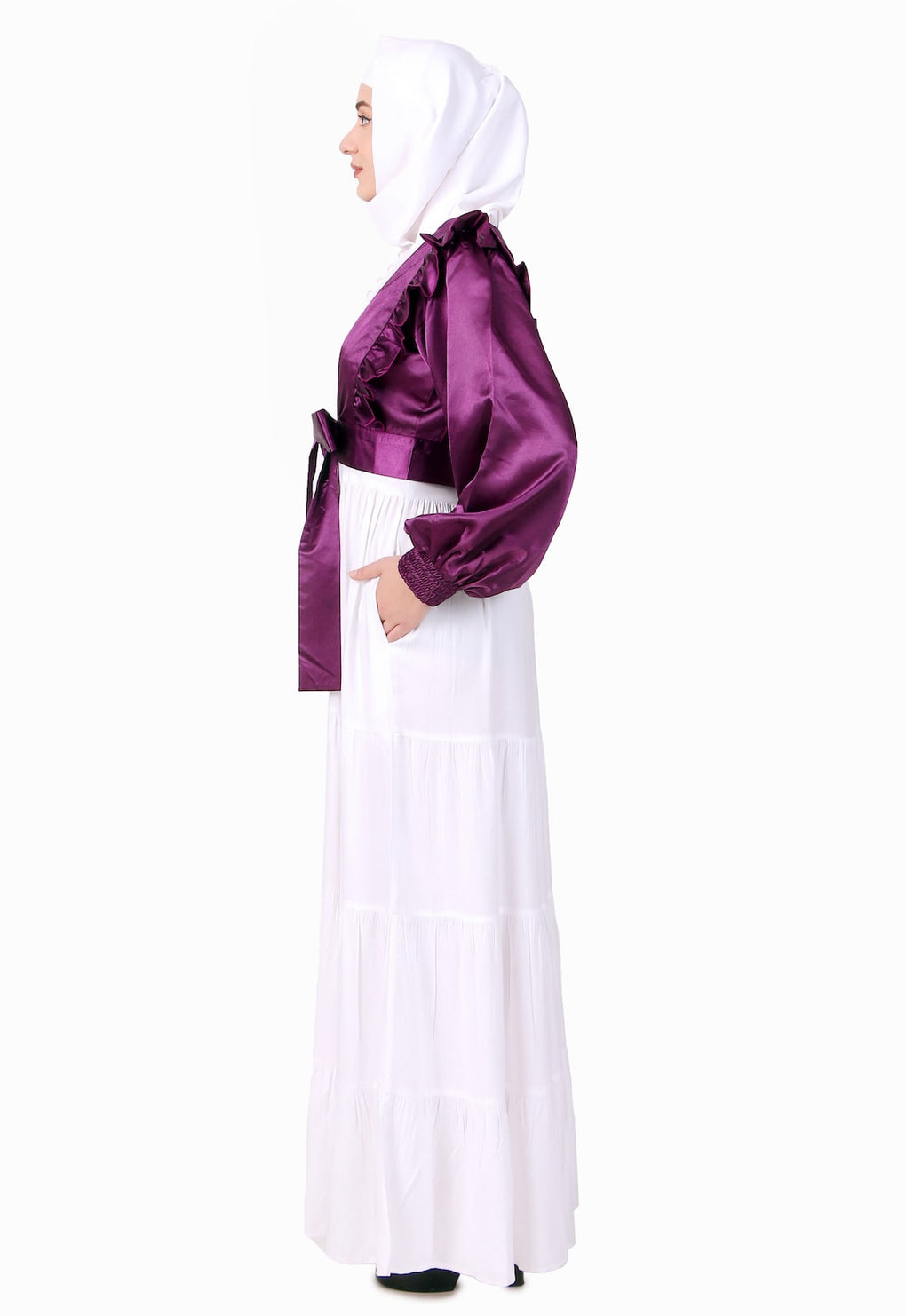 Multi Vertical Layer Abaya With Purple Satin Jacket