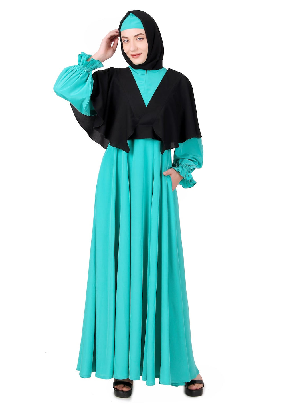 Frilled Removable Jacket With Flared Abaya