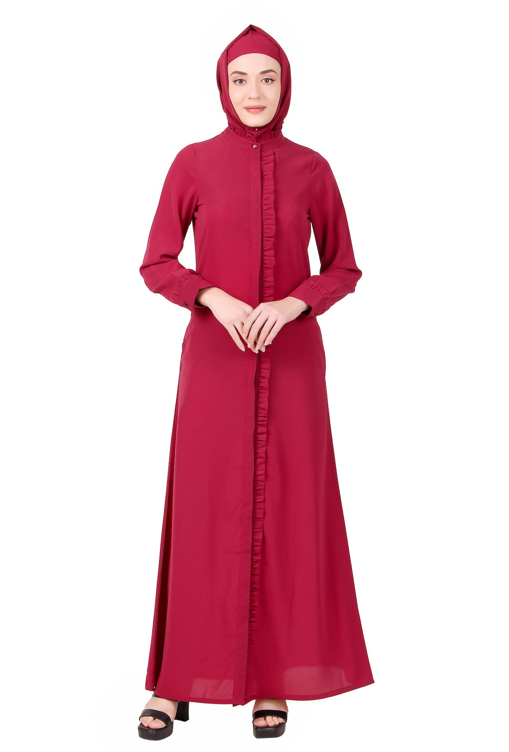 Full Front Open Abaya With Frills On Placket